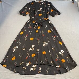 Donna Morgan Women’s Black Dress with Orange Floral Design, Short Sleeves,size 8